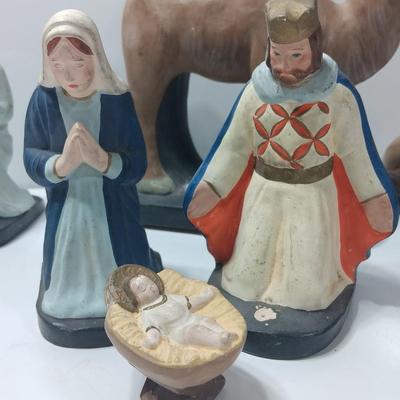 Antique chalkware or clay Nativity set This is a very old set!