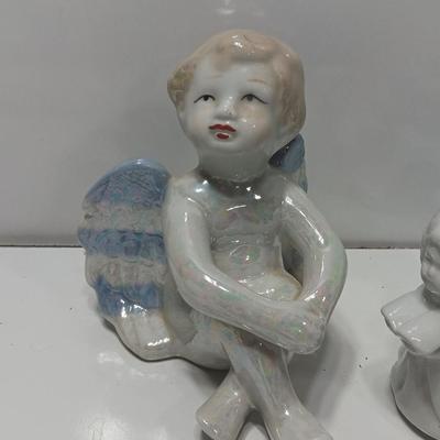 Two Vintage Gorgeous Iridescent Rainbow Angels and a trio of Angels candle holders