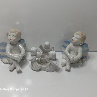 Two Vintage Gorgeous Iridescent Rainbow Angels and a trio of Angels candle holders
