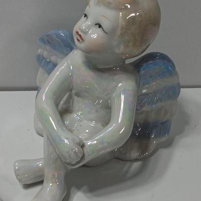 Two Vintage Gorgeous Iridescent Rainbow Angels and a trio of Angels candle holders