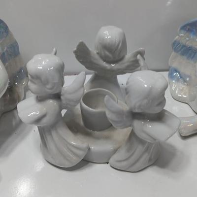 Two Vintage Gorgeous Iridescent Rainbow Angels and a trio of Angels candle holders