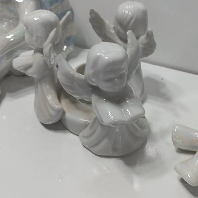 Two Vintage Gorgeous Iridescent Rainbow Angels and a trio of Angels candle holders