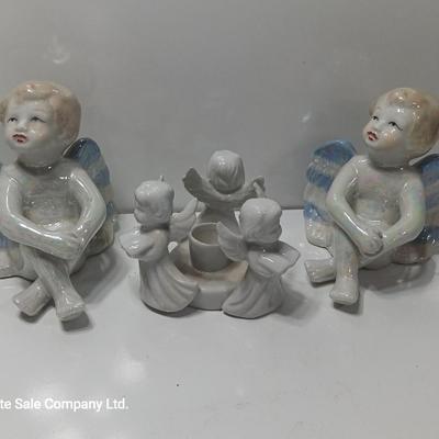Two Vintage Gorgeous Iridescent Rainbow Angels and a trio of Angels candle holders