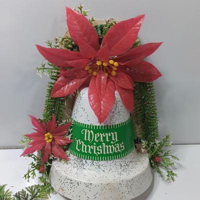 Vintage Merry Christmas bell with two faux greenery pieces
