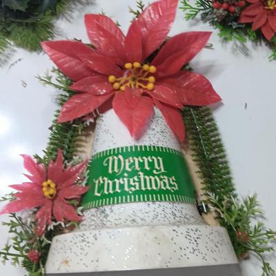 Vintage Merry Christmas bell with two faux greenery pieces