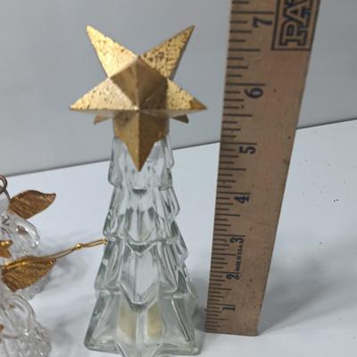 Clear plastic Angel light covers with Angel candle holder and Vintage glass tree bottle