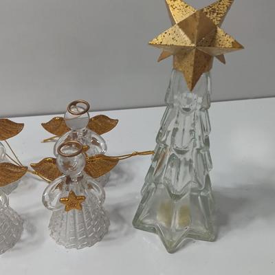 Clear plastic Angel light covers with Angel candle holder and Vintage glass tree bottle