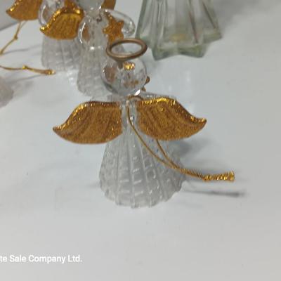 Clear plastic Angel light covers with Angel candle holder and Vintage glass tree bottle