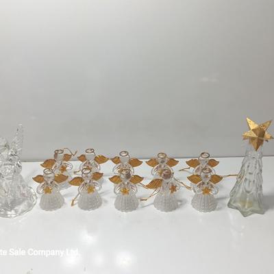 Clear plastic Angel light covers with Angel candle holder and Vintage glass tree bottle