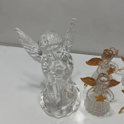 Clear plastic Angel light covers with Angel candle holder and Vintage glass tree bottle