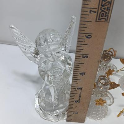 Clear plastic Angel light covers with Angel candle holder and Vintage glass tree bottle