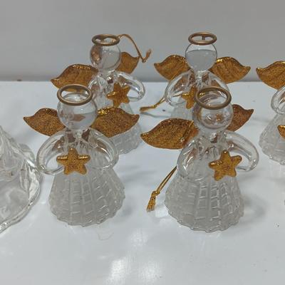 Clear plastic Angel light covers with Angel candle holder and Vintage glass tree bottle