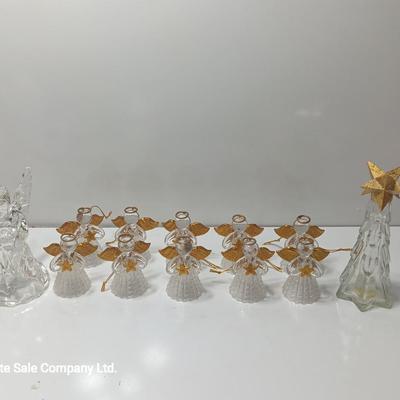 Clear plastic Angel light covers with Angel candle holder and Vintage glass tree bottle