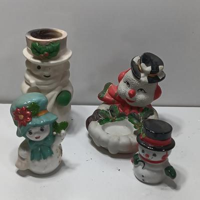 Vintage Snowman candle holders and a snowman and snow woman