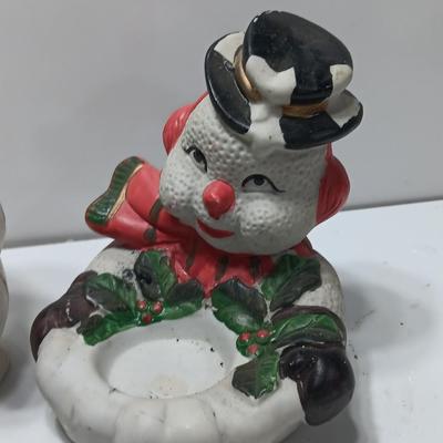 Vintage Snowman candle holders and a snowman and snow woman