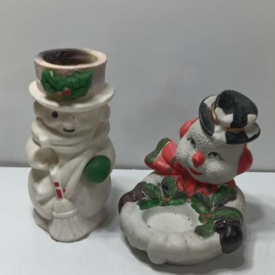 Vintage Snowman candle holders and a snowman and snow woman