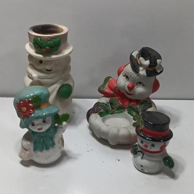Vintage Snowman candle holders and a snowman and snow woman