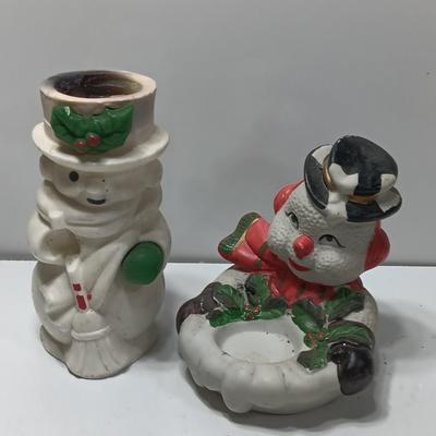 Vintage Snowman candle holders and a snowman and snow woman