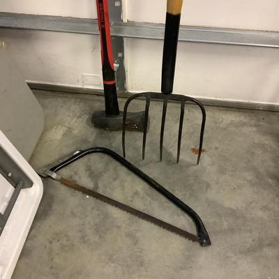 437 Lot of 3 Garden Tools Pitch Fork, Hand Saw, Truper Axe