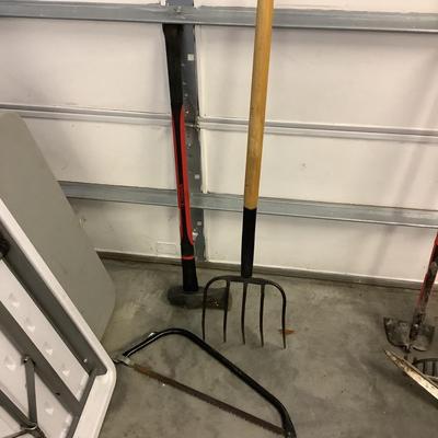 437 Lot of 3 Garden Tools Pitch Fork, Hand Saw, Truper Axe