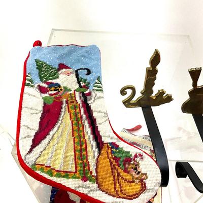 538 Lot of Needlepoint Stockings with Two Mantel Stocking Holders