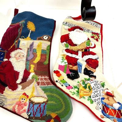 538 Lot of Needlepoint Stockings with Two Mantel Stocking Holders