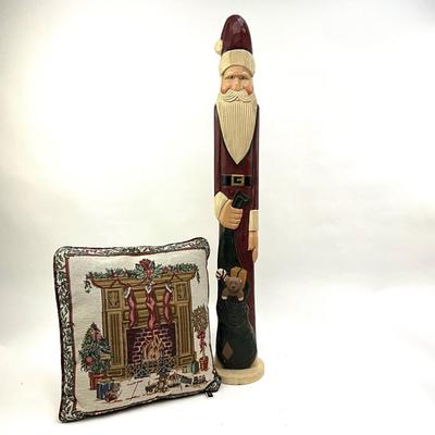 540 Tall 3' Wood Carved Santa Figure with Decorative Pillow