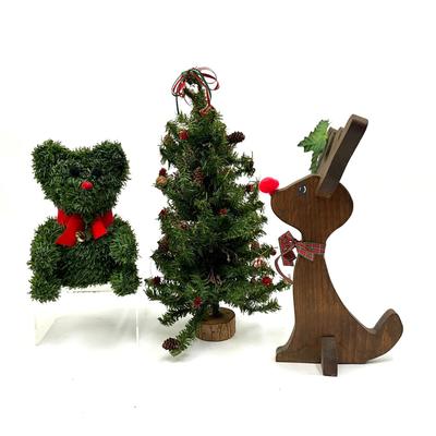 547 Faux Green Bear Figure , Small 17" Christmas Tree, Wooden Reindeer