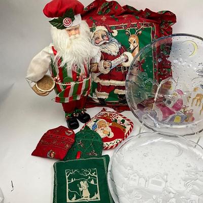 561 Santa Pillow with Two Baking Santa Figures, Linens, Glass Serving Plates