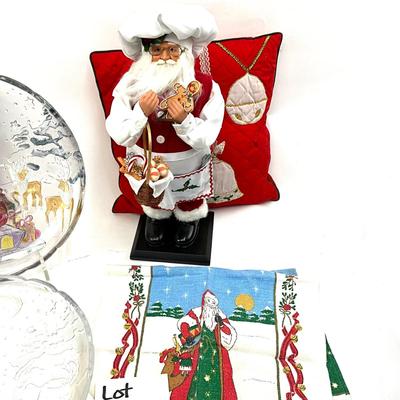561 Santa Pillow with Two Baking Santa Figures, Linens, Glass Serving Plates