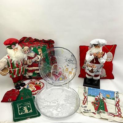 561 Santa Pillow with Two Baking Santa Figures, Linens, Glass Serving Plates