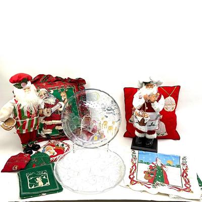 561 Santa Pillow with Two Baking Santa Figures, Linens, Glass Serving Plates