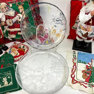 561 Santa Pillow with Two Baking Santa Figures, Linens, Glass Serving Plates