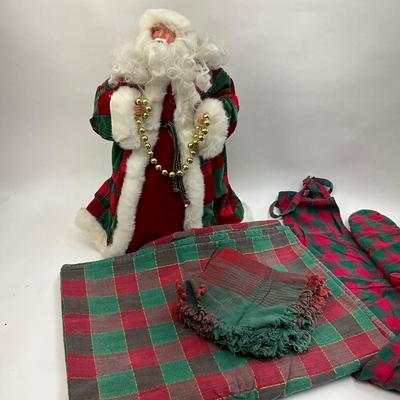 567 Lot of Red and Green Check Linen Lot with matching Santa Figure