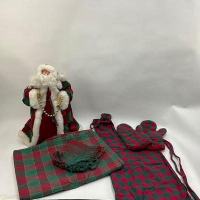 567 Lot of Red and Green Check Linen Lot with matching Santa Figure