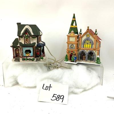 589 Two Ceramic Christmas Village Houses