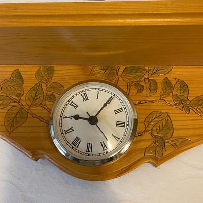 Vintage Libbey, glass mugs, and wooden carved clock shelf