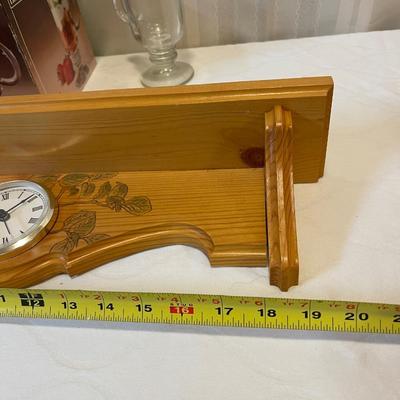 Vintage Libbey, glass mugs, and wooden carved clock shelf