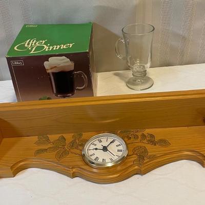 Vintage Libbey, glass mugs, and wooden carved clock shelf