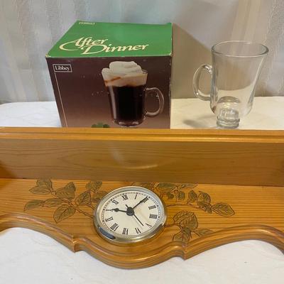 Vintage Libbey, glass mugs, and wooden carved clock shelf