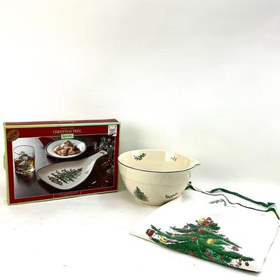 617 SPODE Christmas Tree Batter Bowl, Apron, and Paddle Dish
