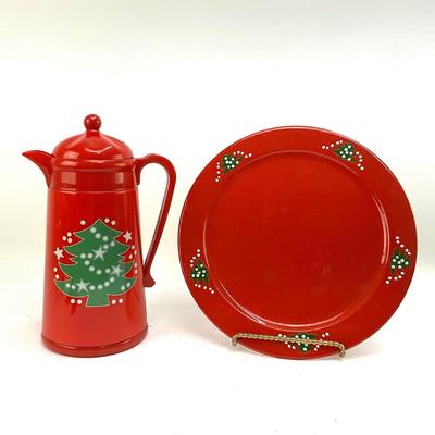 627 Waechtersbach German Red Christmas Carafe and Charger