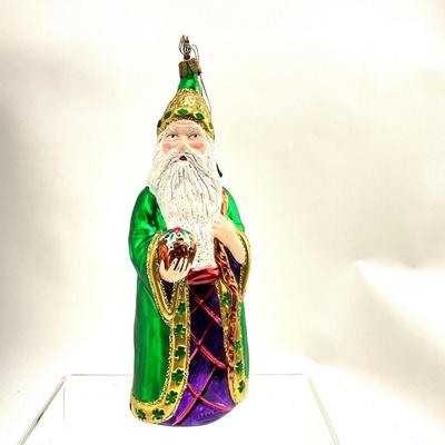 638 Large 8" Whitehurst Glass Blown Green Magical Santa Ornament