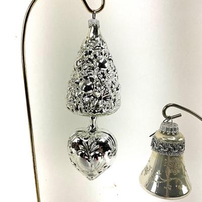 651 Glass Silver Tree Heart Ornament with Three glass Bell Ornaments