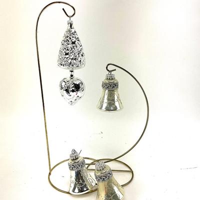 651 Glass Silver Tree Heart Ornament with Three glass Bell Ornaments
