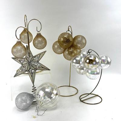 657 Large lot of Silver and Gold Glass Balls with Tree Topper