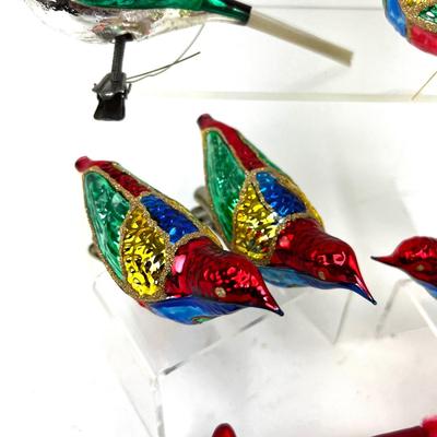 674 Lot of Seven Multi Colored Glass Clip Bird Ornaments