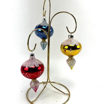 675 Set of Three Blue, Yellow, Red Teardrop Glass Ornaments