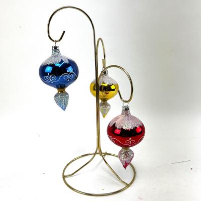 675 Set of Three Blue, Yellow, Red Teardrop Glass Ornaments