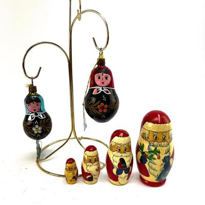 676 Set of Two Handpainted Glass Russian Doll Ornaments with Santa Wooden Nesting Doll Set